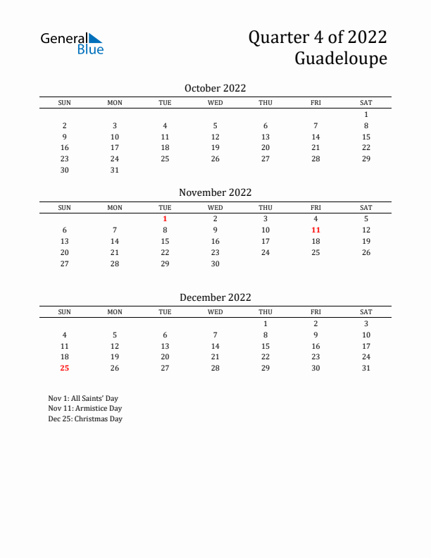 Quarter 4 2022 Guadeloupe Quarterly Calendar