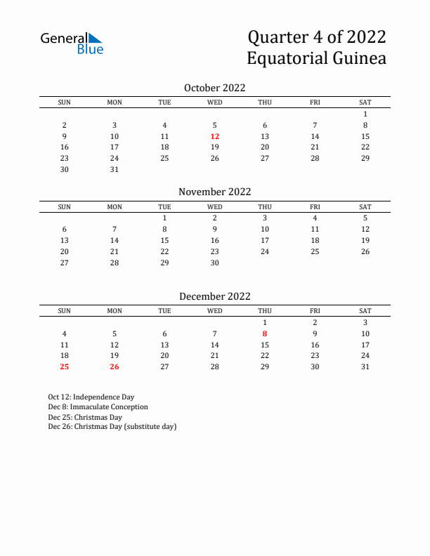 Quarter 4 2022 Equatorial Guinea Quarterly Calendar