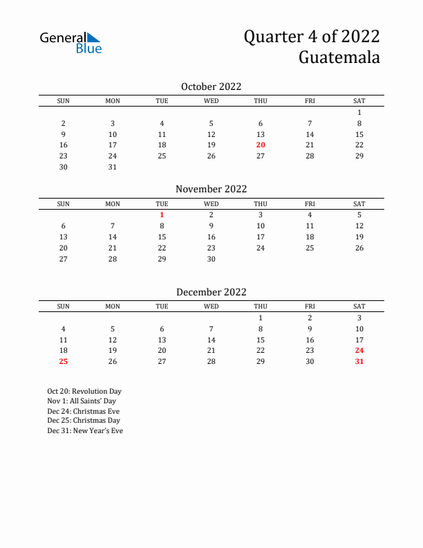 Quarter 4 2022 Guatemala Quarterly Calendar