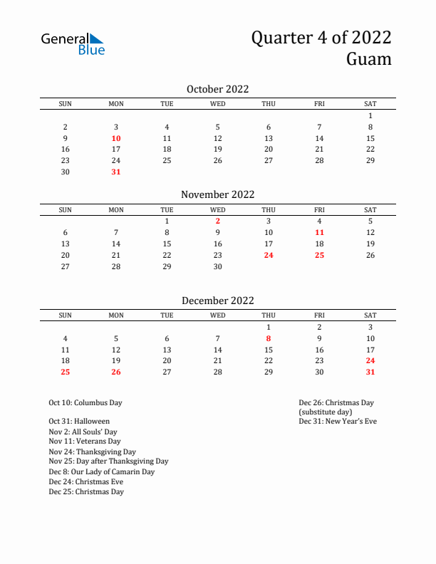 Quarter 4 2022 Guam Quarterly Calendar