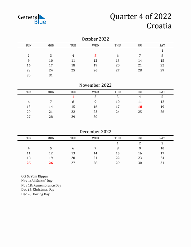 Quarter 4 2022 Croatia Quarterly Calendar