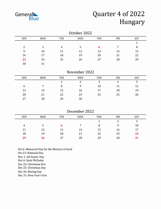 Quarter 4 2022 Hungary Quarterly Calendar