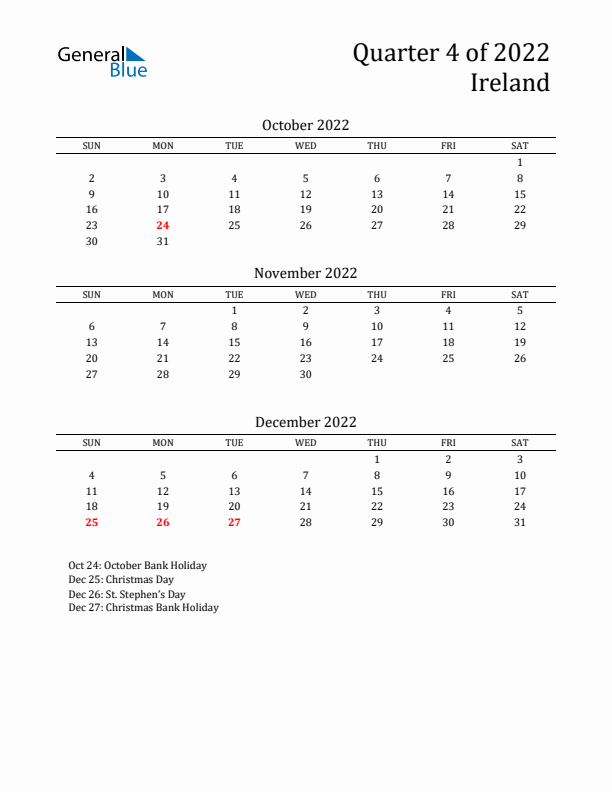 Quarter 4 2022 Ireland Quarterly Calendar