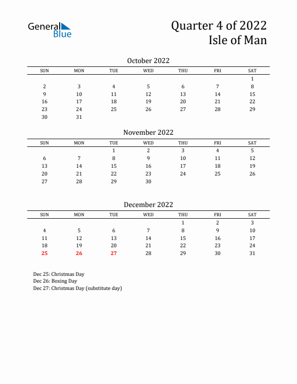 Quarter 4 2022 Isle of Man Quarterly Calendar