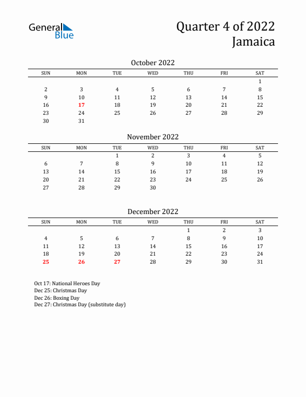 Quarter 4 2022 Jamaica Quarterly Calendar