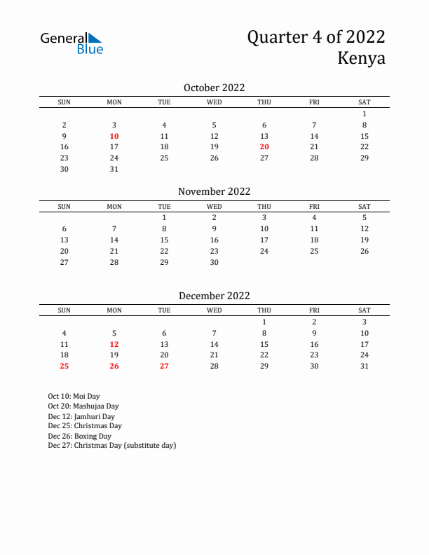 Quarter 4 2022 Kenya Quarterly Calendar