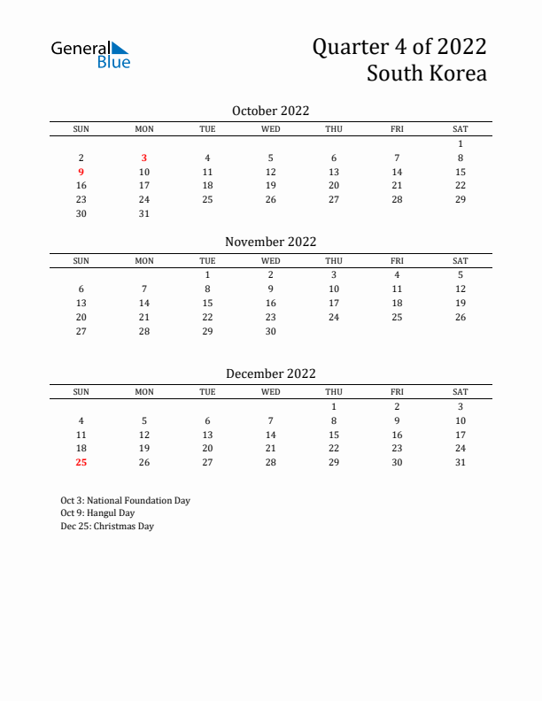 Quarter 4 2022 South Korea Quarterly Calendar