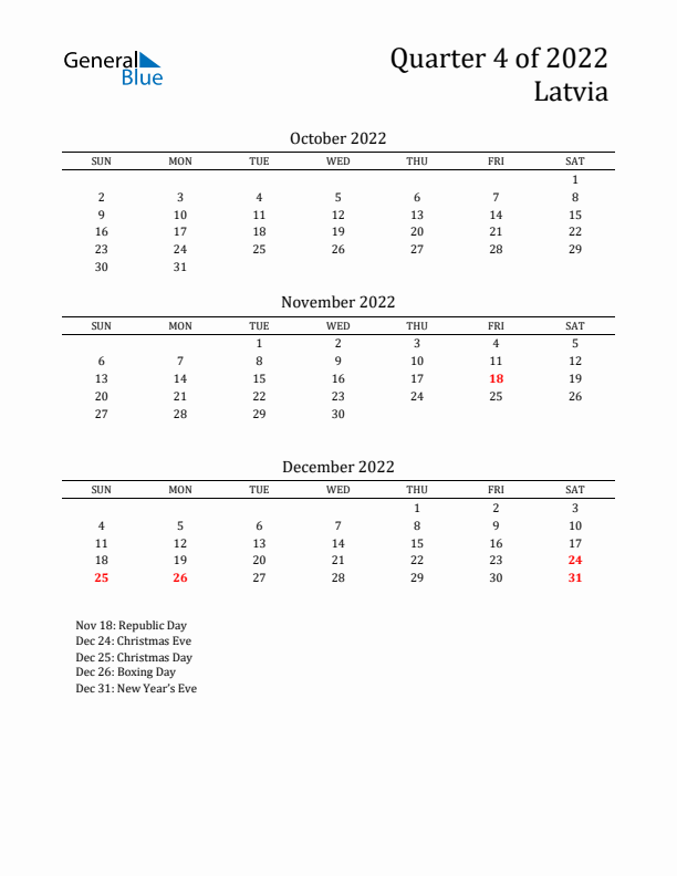 Quarter 4 2022 Latvia Quarterly Calendar