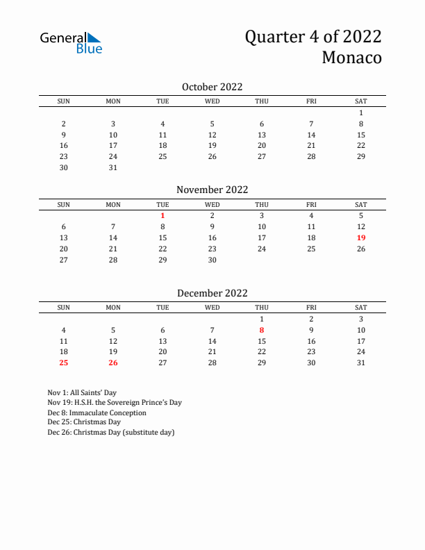 Quarter 4 2022 Monaco Quarterly Calendar