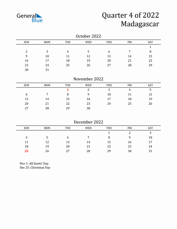 Quarter 4 2022 Madagascar Quarterly Calendar