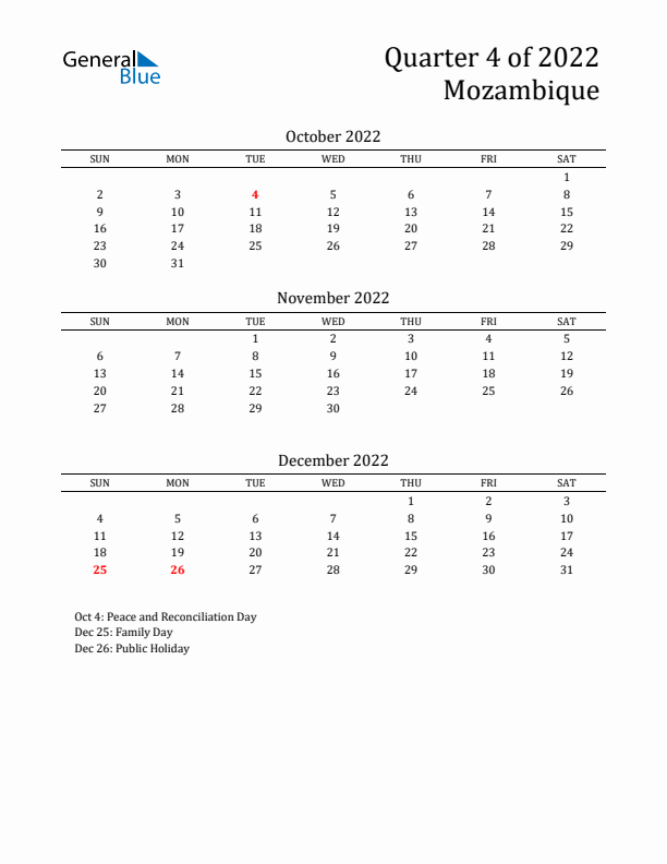 Quarter 4 2022 Mozambique Quarterly Calendar