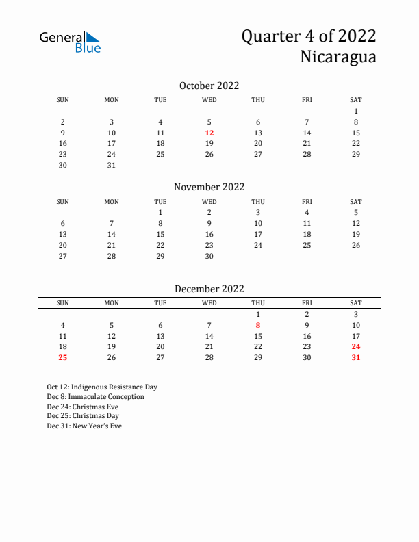 Quarter 4 2022 Nicaragua Quarterly Calendar