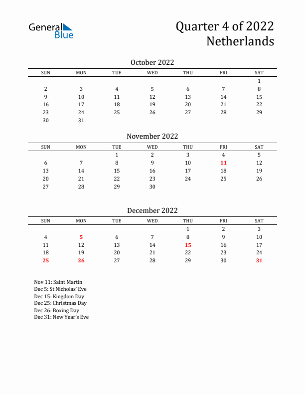 Quarter 4 2022 The Netherlands Quarterly Calendar