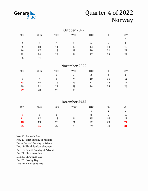 Quarter 4 2022 Norway Quarterly Calendar