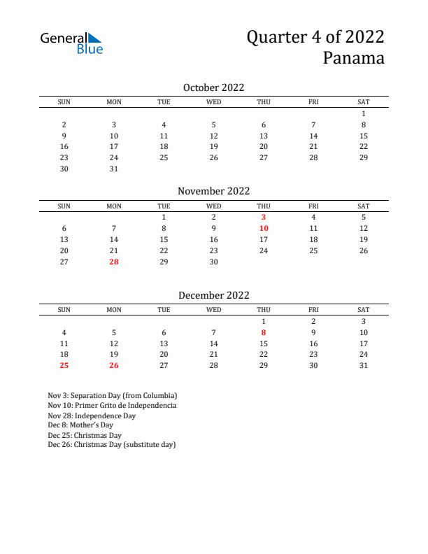 Quarter 4 2022 Panama Quarterly Calendar