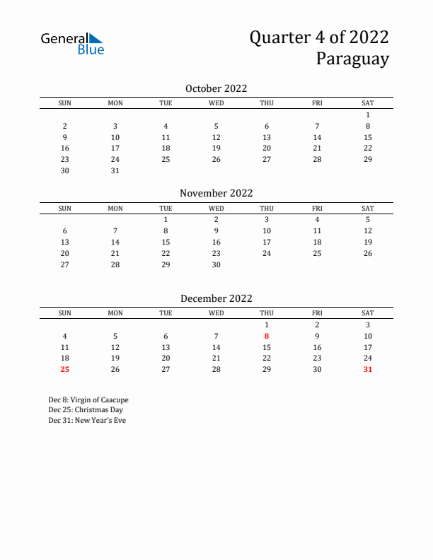 Quarter 4 2022 Paraguay Quarterly Calendar