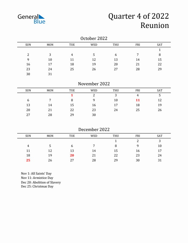 Quarter 4 2022 Reunion Quarterly Calendar