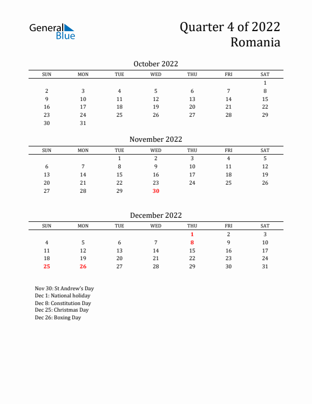 Quarter 4 2022 Romania Quarterly Calendar