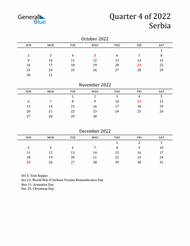 Quarter 4 2022 Serbia Quarterly Calendar