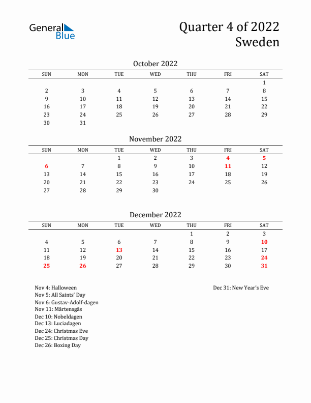 Quarter 4 2022 Sweden Quarterly Calendar