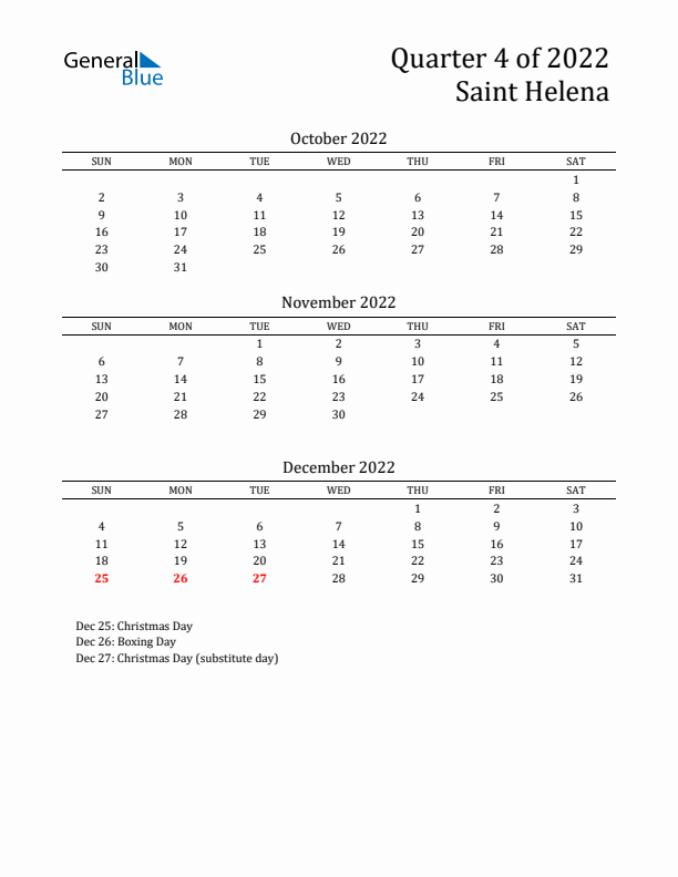 Quarter 4 2022 Saint Helena Quarterly Calendar