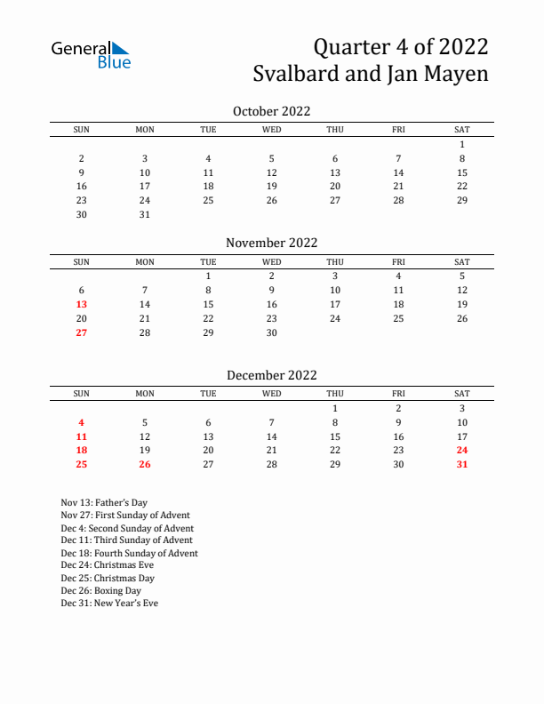 Quarter 4 2022 Svalbard and Jan Mayen Quarterly Calendar