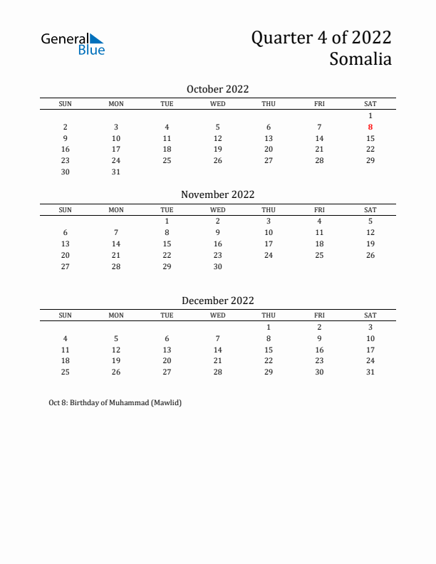 Quarter 4 2022 Somalia Quarterly Calendar