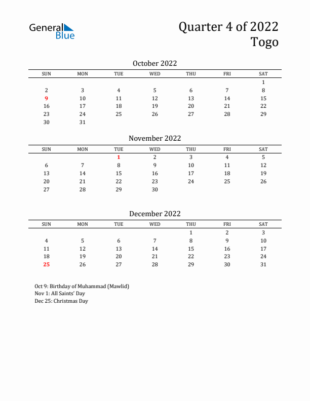 Quarter 4 2022 Togo Quarterly Calendar