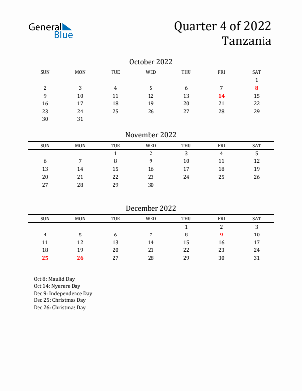 Quarter 4 2022 Tanzania Quarterly Calendar