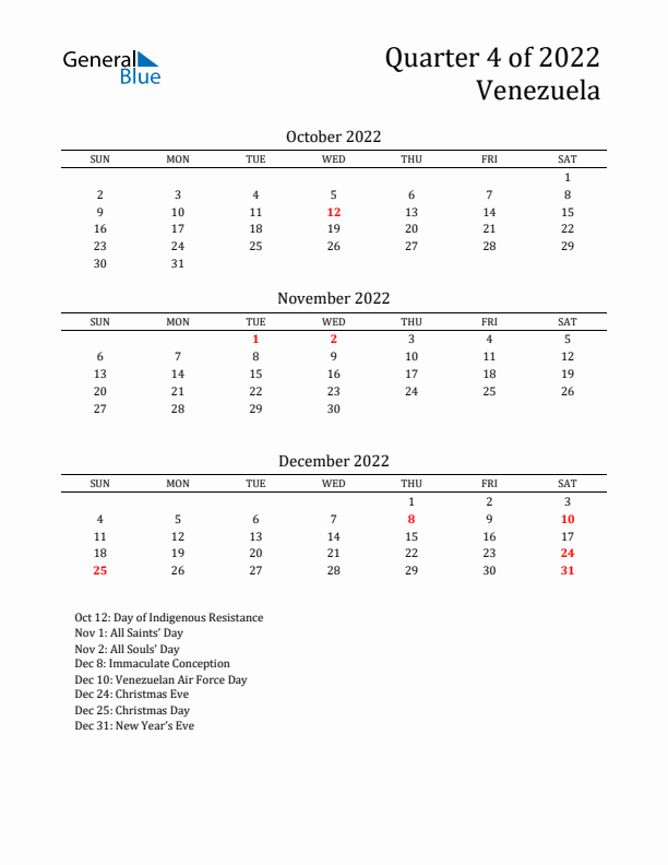 Quarter 4 2022 Venezuela Quarterly Calendar