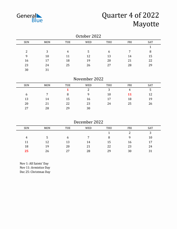 Quarter 4 2022 Mayotte Quarterly Calendar