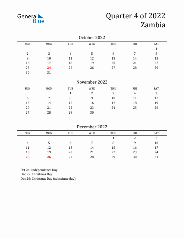 Quarter 4 2022 Zambia Quarterly Calendar