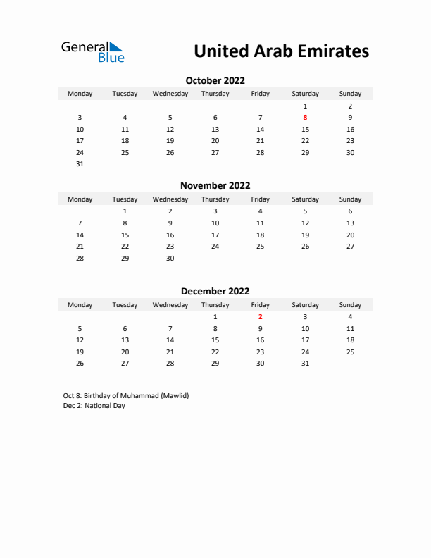 Printable Quarterly Calendar with Notes and United Arab Emirates Holidays- Q4 of 2022