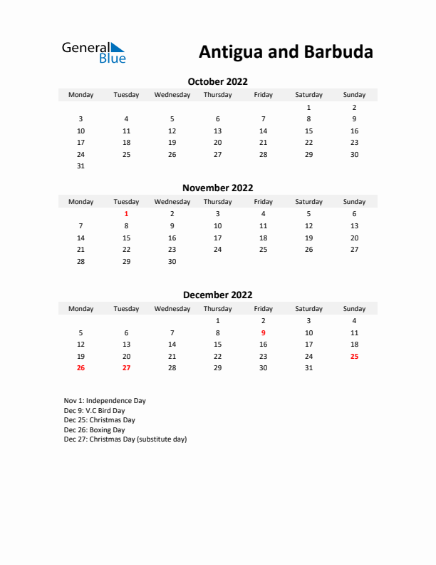 Printable Quarterly Calendar with Notes and Antigua and Barbuda Holidays- Q4 of 2022