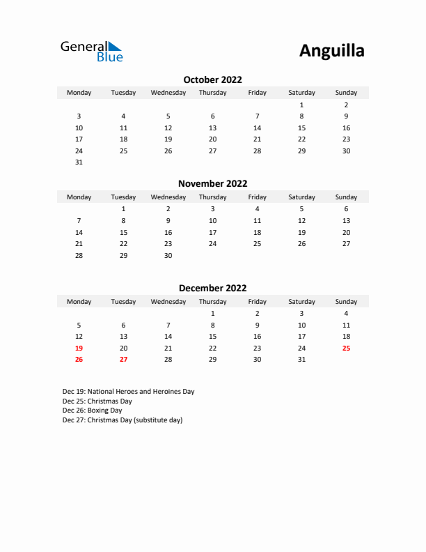 Printable Quarterly Calendar with Notes and Anguilla Holidays- Q4 of 2022