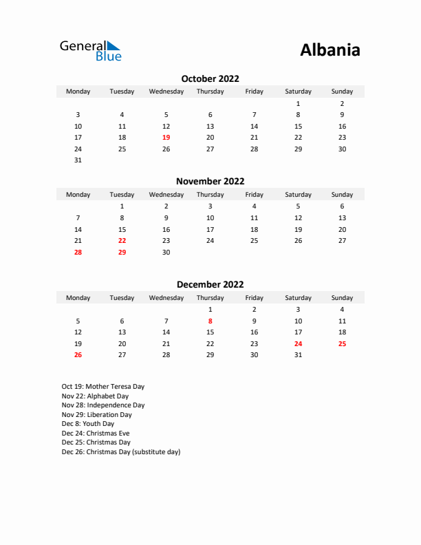 Printable Quarterly Calendar with Notes and Albania Holidays- Q4 of 2022