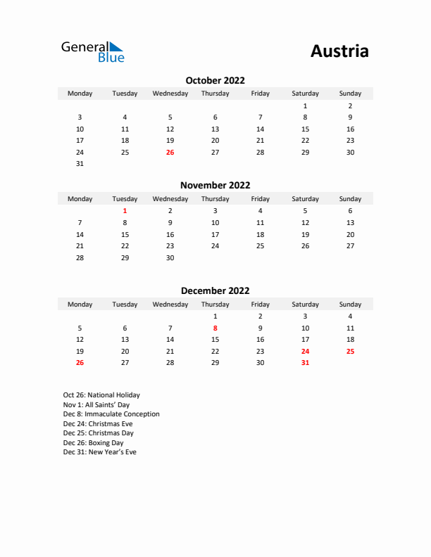 Printable Quarterly Calendar with Notes and Austria Holidays- Q4 of 2022