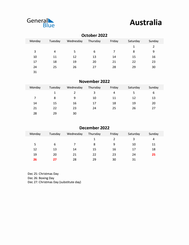 Printable Quarterly Calendar with Notes and Australia Holidays- Q4 of 2022