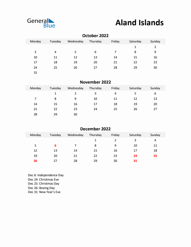 Printable Quarterly Calendar with Notes and Aland Islands Holidays- Q4 of 2022