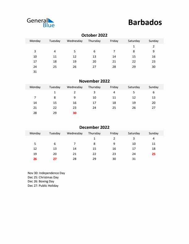 Printable Quarterly Calendar with Notes and Barbados Holidays- Q4 of 2022