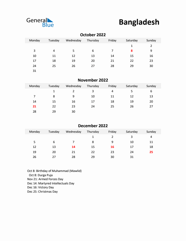 Printable Quarterly Calendar with Notes and Bangladesh Holidays- Q4 of 2022