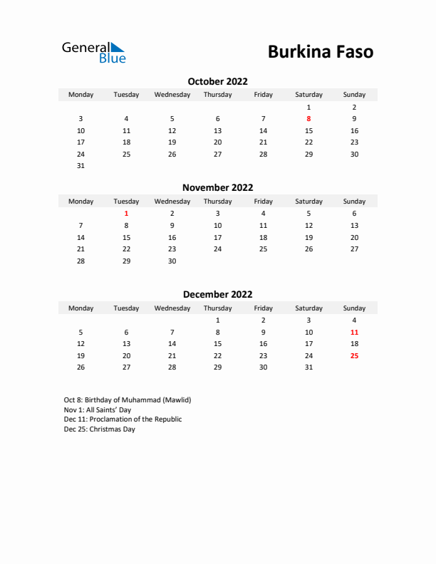 Printable Quarterly Calendar with Notes and Burkina Faso Holidays- Q4 of 2022