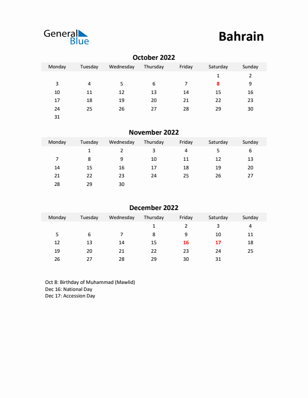 Printable Quarterly Calendar with Notes and Bahrain Holidays- Q4 of 2022