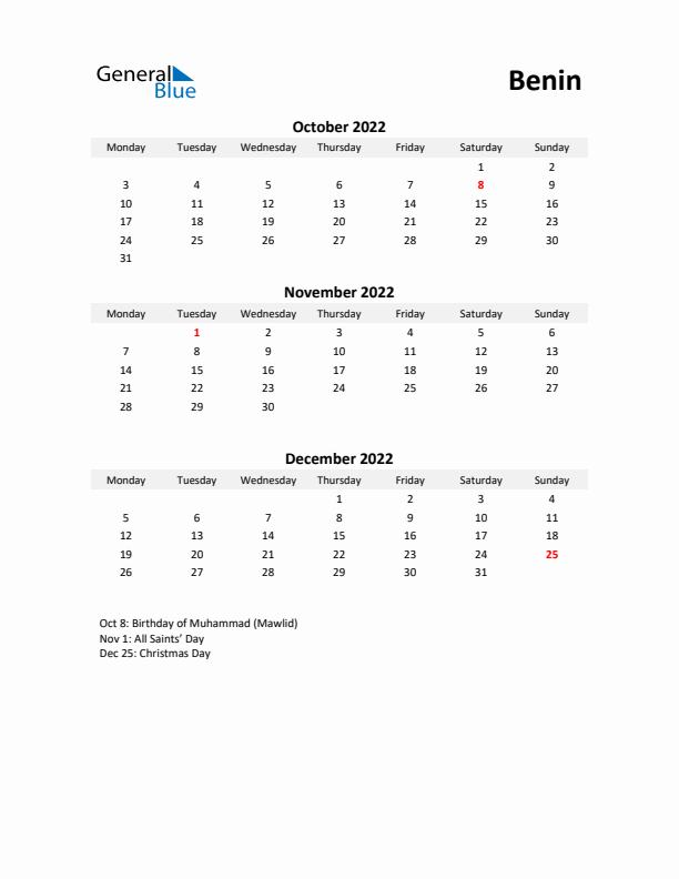 Printable Quarterly Calendar with Notes and Benin Holidays- Q4 of 2022