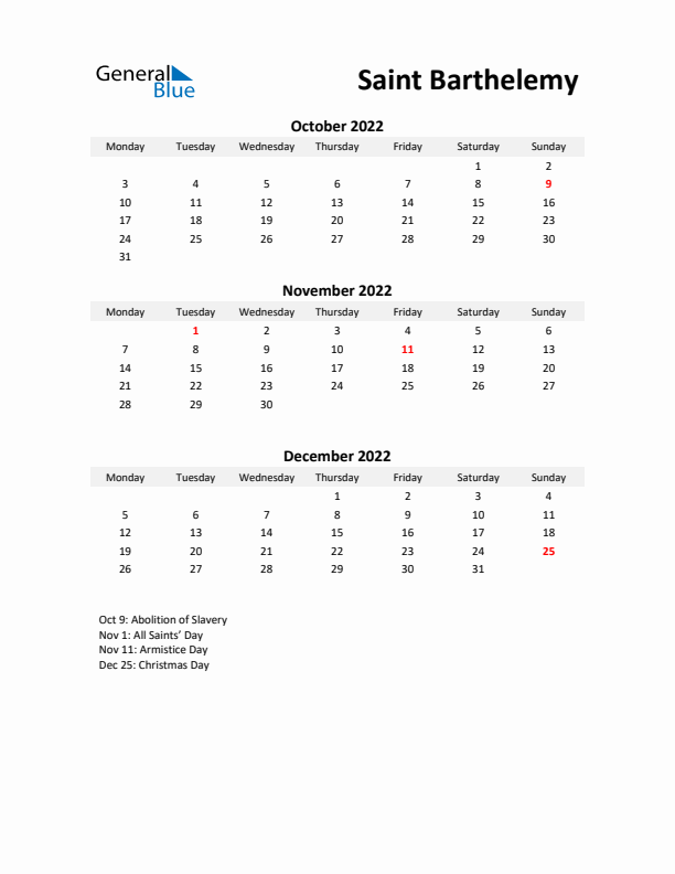 Printable Quarterly Calendar with Notes and Saint Barthelemy Holidays- Q4 of 2022