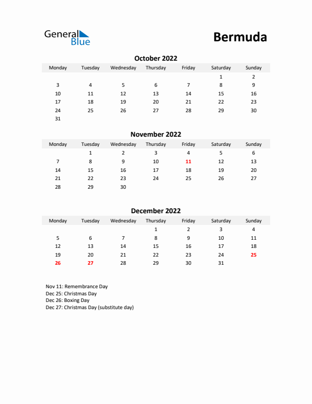 Printable Quarterly Calendar with Notes and Bermuda Holidays- Q4 of 2022