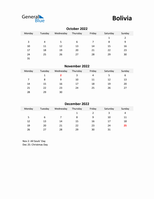 Printable Quarterly Calendar with Notes and Bolivia Holidays- Q4 of 2022