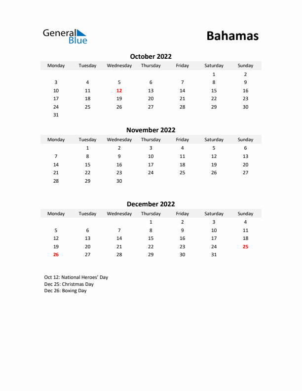 Printable Quarterly Calendar with Notes and Bahamas Holidays- Q4 of 2022