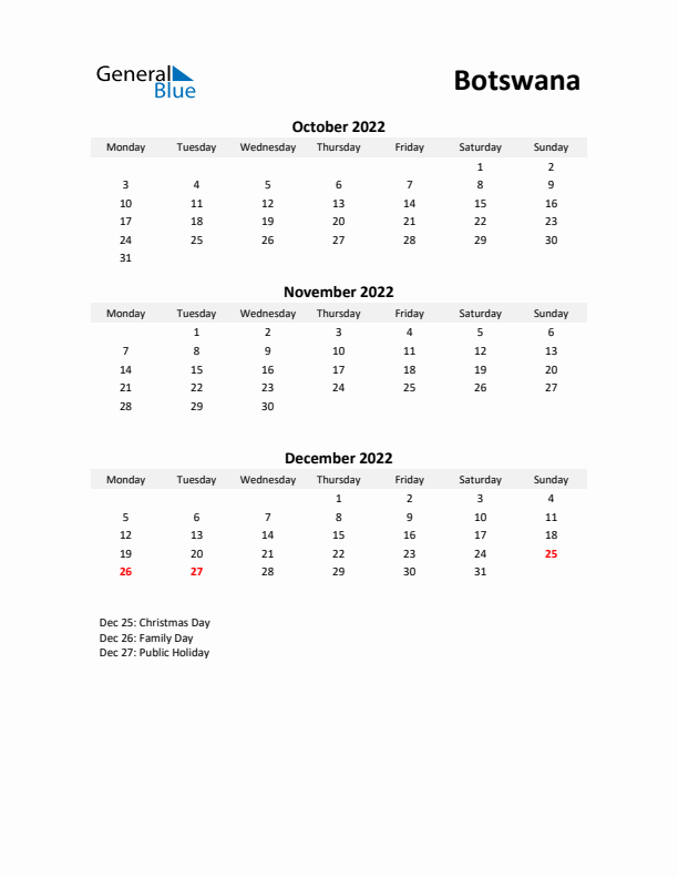 Printable Quarterly Calendar with Notes and Botswana Holidays- Q4 of 2022