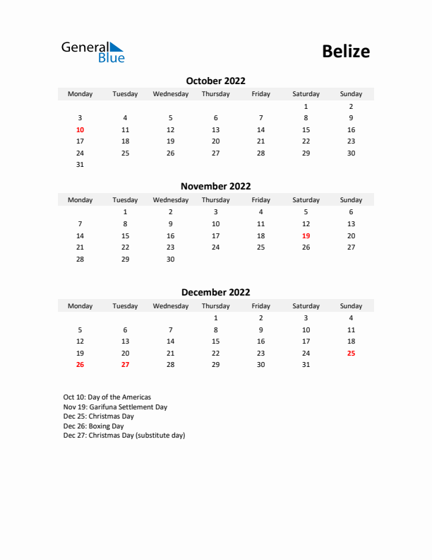 Printable Quarterly Calendar with Notes and Belize Holidays- Q4 of 2022